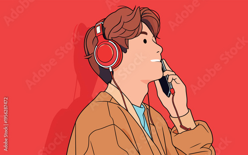 Young person listens to music and talks on phone while wearing headphones in bright red background