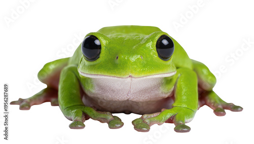 Isolated charming bright green frog with prominent black eyes looking straight ahead