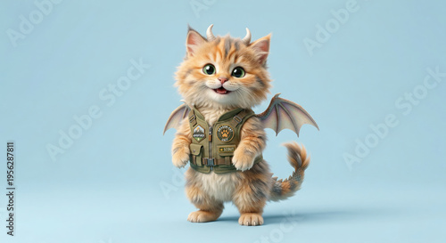 Playful 3D render of a cheerful, furry dragon kitten hybrid scout in a miniature tactical vest. Full body shot isolated on light blue