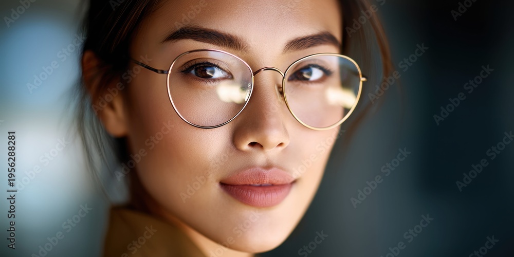 Fototapeta premium Close-up portrait of a young Asian woman wearing stylish round glasses and looking thoughtfully