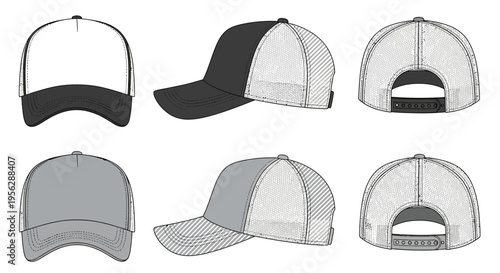 Detailed views of six baseball caps in various colors and angles showcase design
