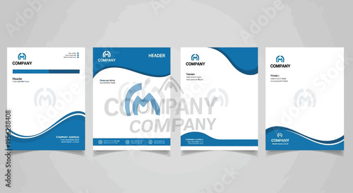 Company letterhead templates with blue wave design and logo featured
