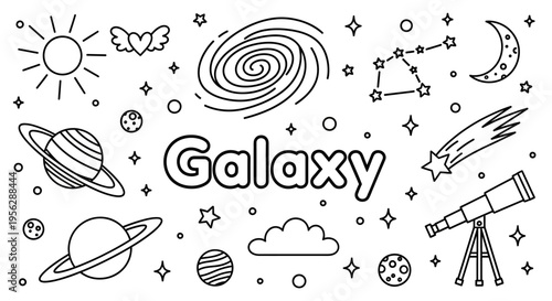 A colorful illustration of Galaxy with planets, stars, and a telescope in space.