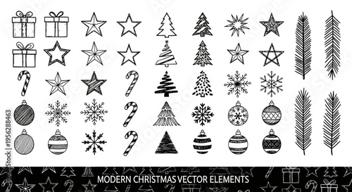 Christmas icons and illustrations including trees, stars, gifts, and ornaments in a festive setting with various designs and patterns for holiday use sbnvklSBFS 48