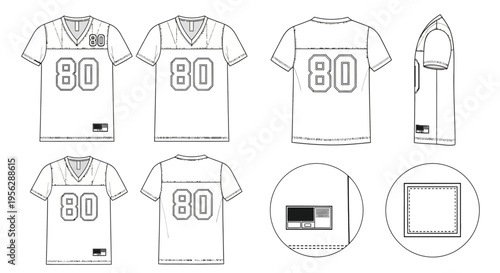Detailed technical drawings of a football jersey with the number 80 from multiple angles and its components