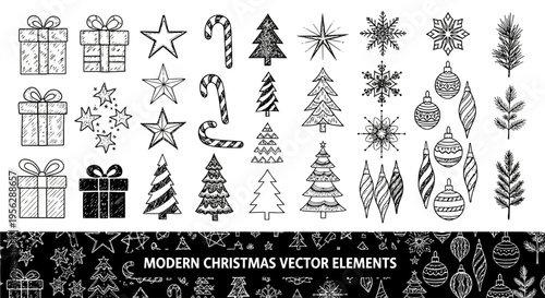 Modern Christmas vector elements illustration with gifts trees stars and decorations