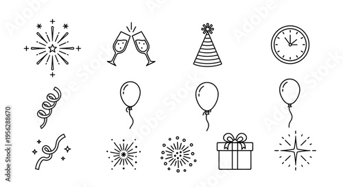 Party celebration icons with balloons and champagne appear on a table