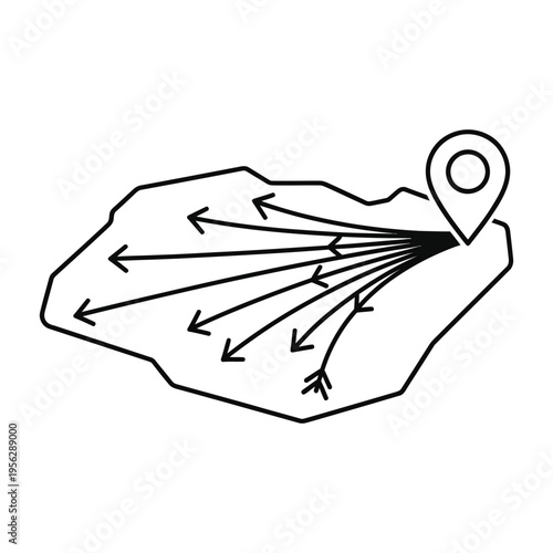 Location pin with arrows indicating direction from a map outline