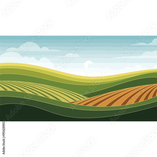 Rolling green agricultural fields under a bright blue sky with soft clouds