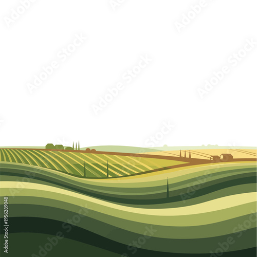 Stylized rolling green hills with agricultural fields and distant farm buildings