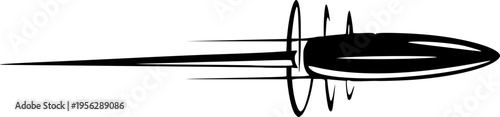 Stylized black and white vector graphic illustration depicting a high velocity bullet streaking across the frame with motion trails