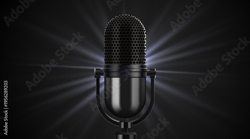 Elegant vintage microphone with glowing light rays on a dark background.
