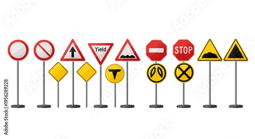 Traffic signs arranged on poles in a row for road safety guidance