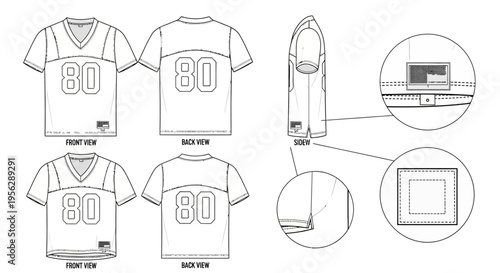 Detailed illustration of a jersey design with multiple views and bag features