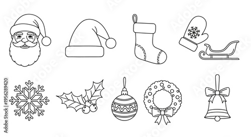 Christmas icons including Santa Claus, hat, stocking, mittens, sled, snowflake, holly, ornament, wreath, and bell are lined up