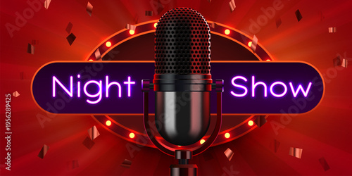 Night Show neon sign with vintage microphone.