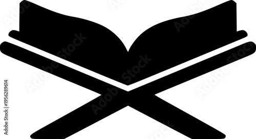 Holy Quran Open Book on Traditional Wooden Rehal Book Stand Black Silhouette Icon Islamic Religious Symbol Muslim Faith Spiritual Reading Scripture Flat Vector Graphic Design Clip Art Sign