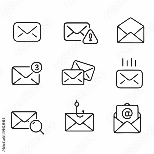 Email Icons Set – Mail, Inbox & Envelope Outline Vector Collection on White Background