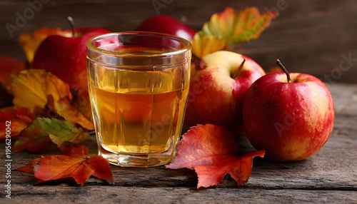 Apple juice and ripe apples with dried-up leaves.