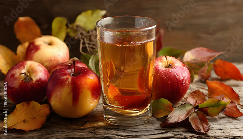 Apple juice and ripe apples with dried-up leaves.
