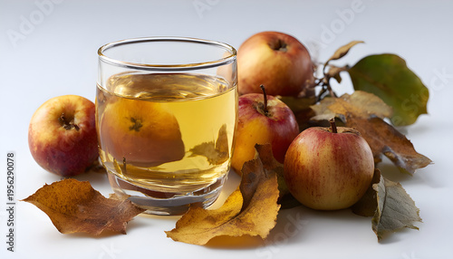 Apple juice and ripe apples with dried-up leaves.
