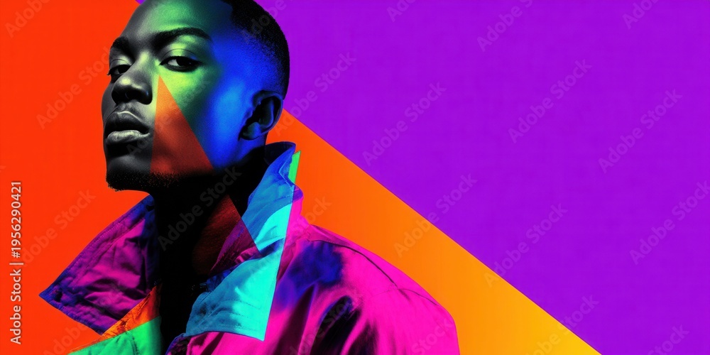Fototapeta premium Vibrant portrait of a young Black man with geometric color overlays and dramatic lighting