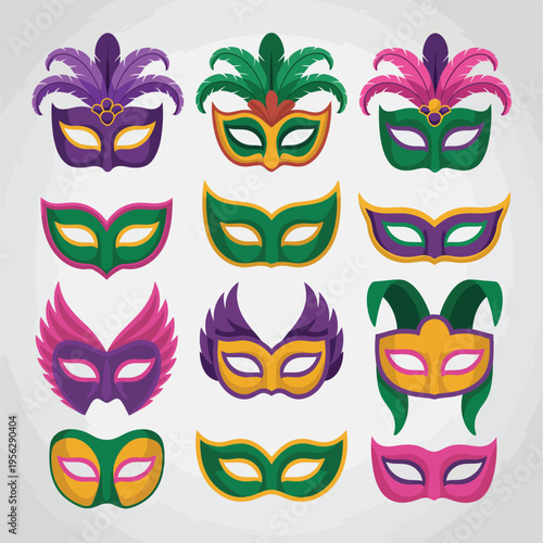 Collection of Festive Mardi Gras Masks in Purple, Green, and Gold