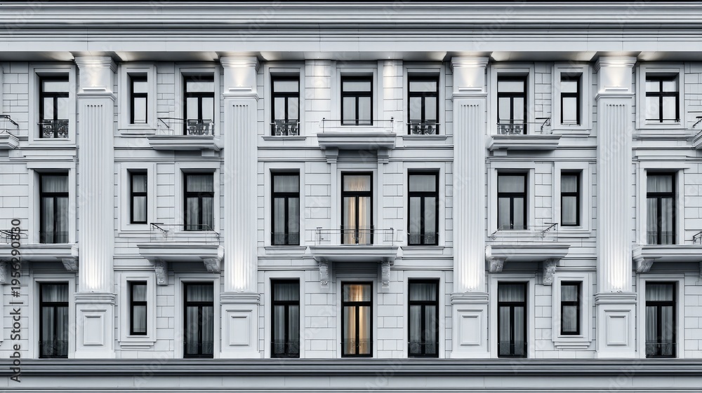 Fototapeta premium Symmetrical neoclassical building facade in monochrome. Artificial intelligence image