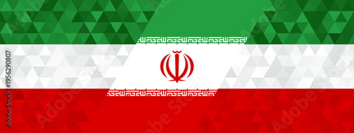 Iran national flag with geometric triangle overlay creating modern textured background. Concept design suitable for cultural identity and international themes.