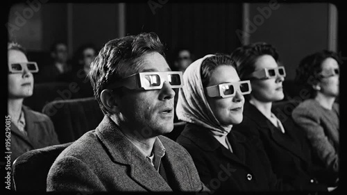 Vintage black and white scene of a captivated audience wearing classic cardboard 3D glasses watching a thrilling retro movie inside an old classic cinema theater during the mid twentieth century