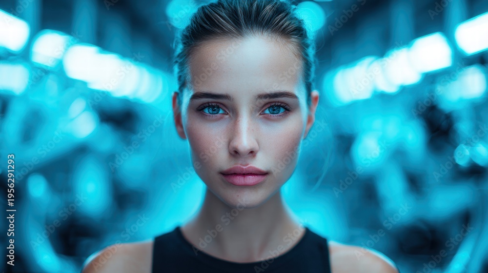 Obraz premium A beautiful woman with captivating blue eyes, bathed in cool cyan light.