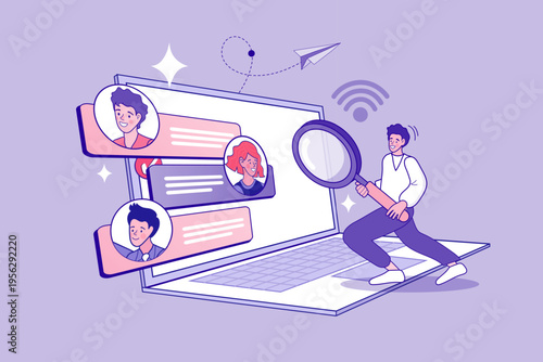 Candidate profiles with precision using this professional vector illustration. A man uses a magnifying glass to check a list on a laptop, perfect for HR recruitment and data verification.