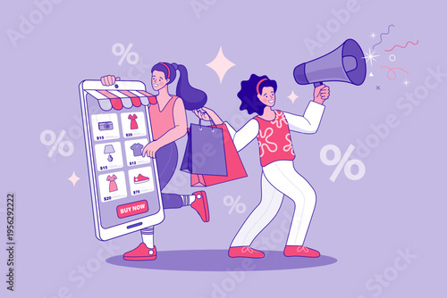 Women promoting online shopping discount and flash sale via smartphone app concept