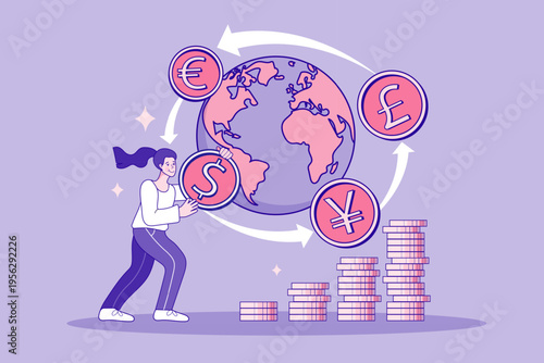 Master global currency exchange with this professional illustration. Featuring major currency symbols circling a globe and rising coin stacks for forex trading and international investment.