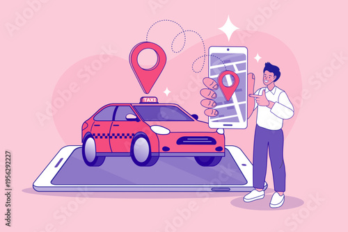 usinessman ordering taxi on smartphone via mobile app, online transportation concept