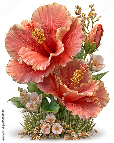 Elegant coral hibiscus flower botanical illustration high resolution picture