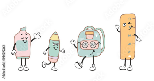 Cute hand-drawn cartoon set of school supplies characters including glue bottle, pencil, backpack with glasses, and ruler. Each object is illustrated with smiling faces, arms, and legs, creating playf