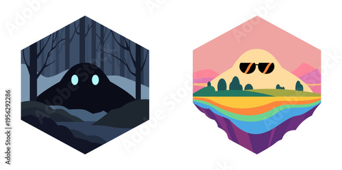 Contrast of Dark Spooky Forest Ghost and Bright Cheerful Rainbow Mountain Vector Illustration