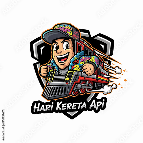 Animated Train Mascot Racing Express with Colorful Outfit