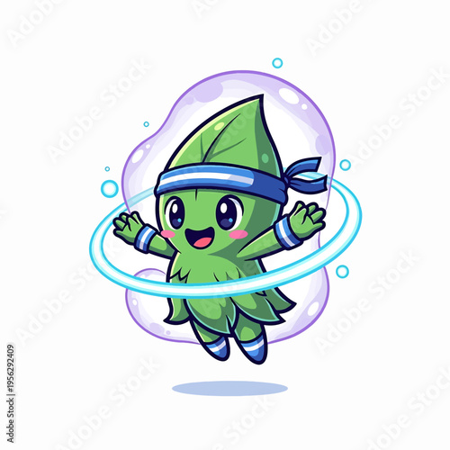 Cute green leaf character with headband jumping