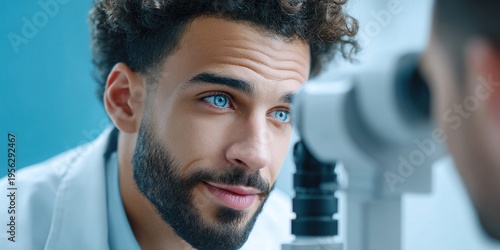 Ophthalmologist examining patient's blue eyes with a slit lamp in a modern clinic