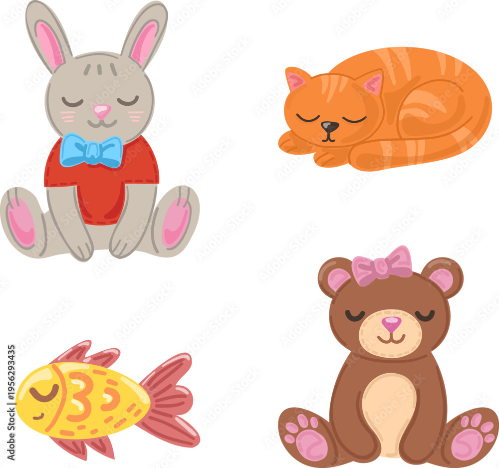 Fototapeta premium Cute vector collection of sleeping baby animals and toy characters. Hand drawn set featuring bunny, cat, fish and teddy bear.