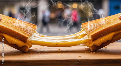 Wallpaper Mural Melted Cheese Pull from Hot Grilled Cheese Sandwich with Steam Rising on a Wooden Board Torontodigital.ca