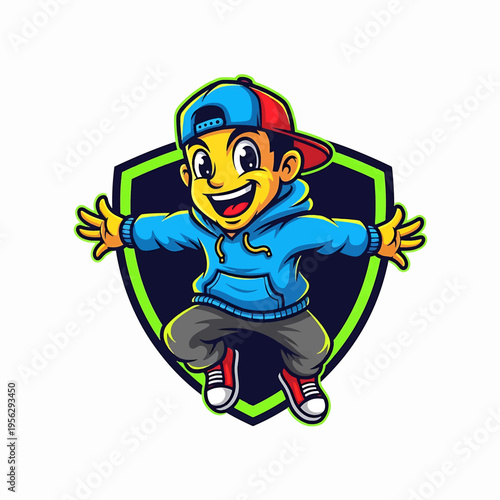Cheerful Cartoon Boy Jumping with Hoodie and Cap in Shield Emblem