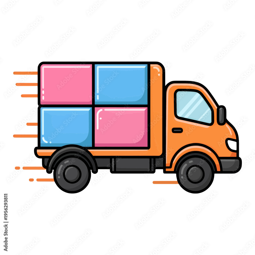 Fototapeta premium Fast Delivery Truck With Moving Lines Flat Vector Icon