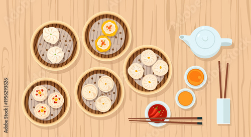 Chinese Food and Cuisine Icon Set with Dim Sum Noodles and Dumplings Illustration