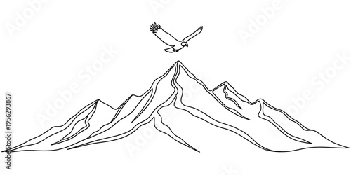 Continuous line drawing of eagle flying over high mountain peaks