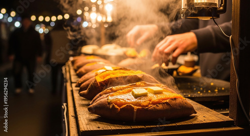 Wallpaper Mural Steaming Baked Sweet Potatoes with Melting Butter at a Vibrant Night Market Stall Torontodigital.ca