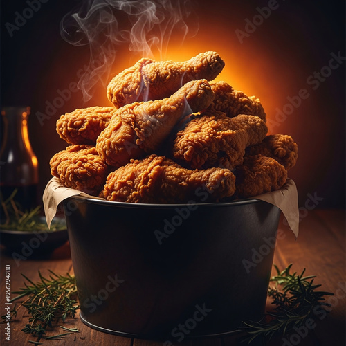 Wallpaper Mural Steaming Hot Crispy Fried Chicken Drumsticks Overflowing from a Dark Bucket on a Wooden Table Torontodigital.ca