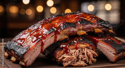 Wallpaper Mural Close up of Succulent Bbq Ribs and Pulled Pork Smothered in Tangy Sauce on a Wooden Board Torontodigital.ca